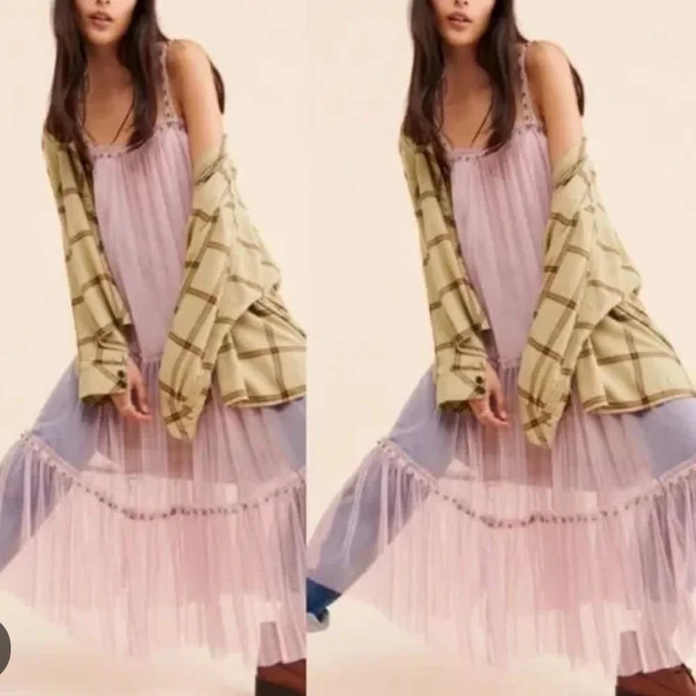 FREE PEOPLE NIGHT OUT SLEEVELESS TULLE MAXI SLIP DRESS SMALL MEDIUM PALE PINK - Picture 2 of 9